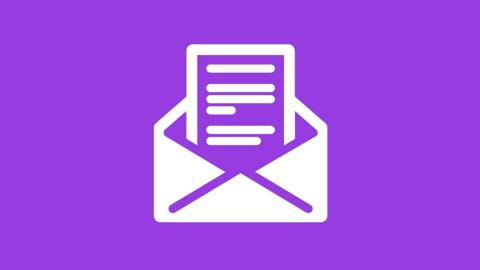 A graphic of a white envelope with a letter half inside. On a purple background.