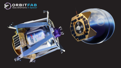 An artists mock-up of the refuelling station in action. The refuelling tool is on the left hand side, whilst a satellite is on the right