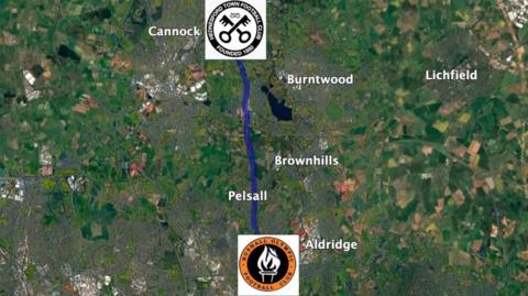 Map showing Hednesford's Keys Park and Rushall's Dales Lane homes - both to the north of Walsall