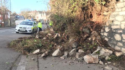 Collapsed wall in Stoke Bishop in Bristol