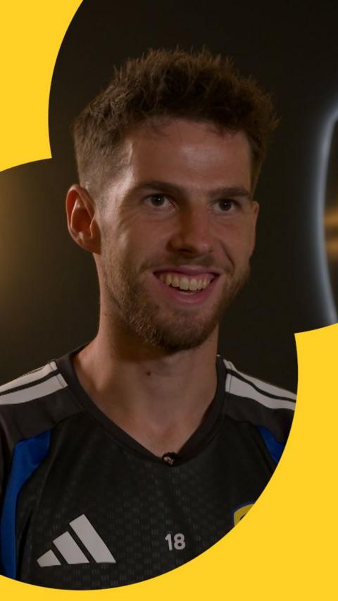 Leeds Utd's Anton Stach looks forward whilst being interviewed