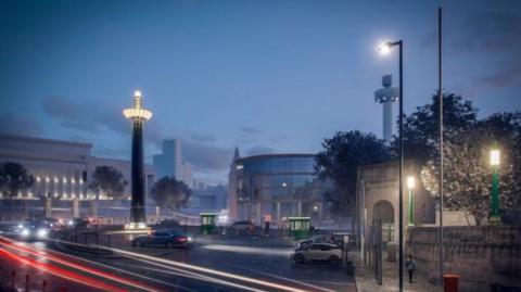 CGI of how the restored monument at the mouth of the Queensway Tunnel will look by night