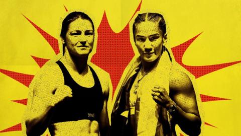 Yellow and red explosion graphic of Katie Taylor and Amanda Serrano