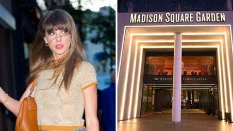 Split screen. Left, Taylor Swift. Right, Madison Square Garden from the outside.