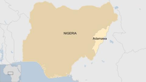 Map showing Adamawa state in Nigeria's north-east.