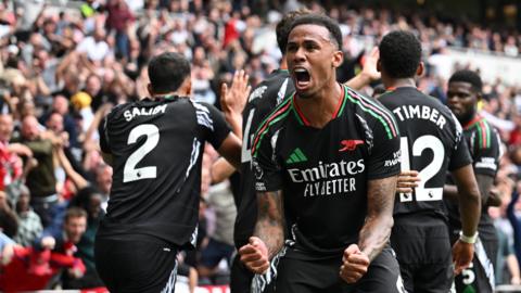 Gabriel celebrates scoring for Arsenal