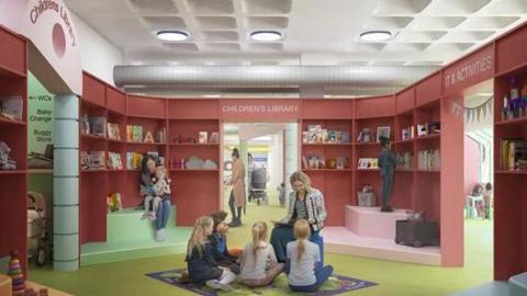 Artist's impression of the library's new children's zone. A woman with blonde hair is reading to four youngsters in the centre of the room. Behind them, a girl is sitting on her mother's lap as they read a book. The room has red walls and shelves, a green carpet and splashes of other colours.
