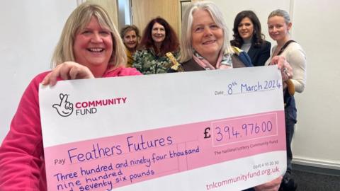 Great Yarmouth mayor Penny Carpenter presents a cheque for £394,000 to Jo Critch from Feathers Futures