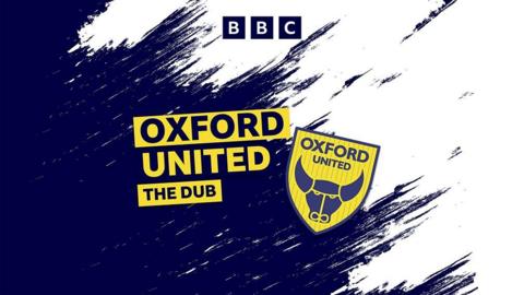 BBC Oxford's Oxford United podcast logo - "Oxford United The Dub and club crest in blue and yellow on dark blue and white background with BBC logo at top