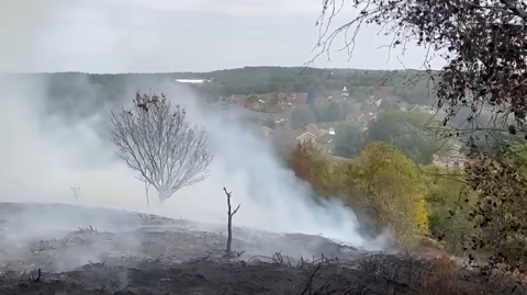 Smoke is billowing from an area of scrubland, with ash covering much of the area in the foreground of the photo. In the distance are rows of houses and green trees.