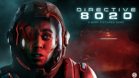 The image shows an astronaut, with a reflection of an alien in the helmet. On the right-hand side, a hallway can be seen with glowing red lights. On the upper right-hand side," Directive 8020, a dark pictures game" can be seen typed in blowing blue letters.