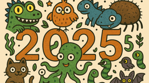 A montage showing various cartoon style animals around the number 2025