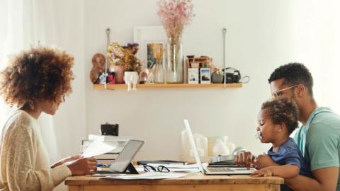 A young family working from home