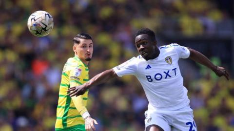 Leeds' Willy Gnonto takes on Norwich's Borja Sainz