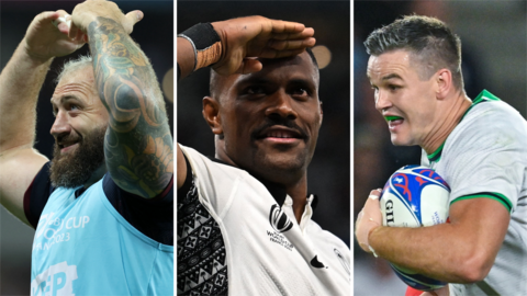 Three pictures: England's Joe Marler points to his head, Fiji's Jiuta Wainiqolo salutes and Ireland's Johnny Sexton celebrates scoring a try
