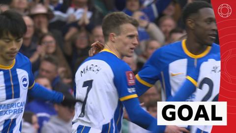 Solly March scores a diving header in Brighton's 5-0 FA Cup win against Grimsby