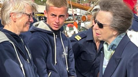 Princess Anne seen talking to sailing crews from the Tall Ships Race