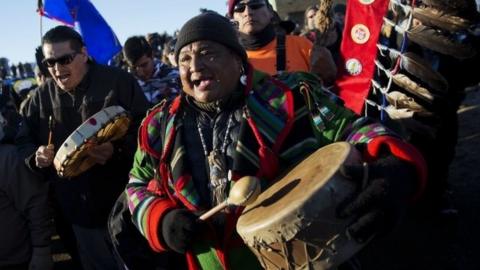 Native Americans celebrating the US Army's decision not to grant access for an oil pipeline in North Dakota, 4 December 2016