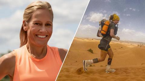 Newsreader Sophie Raworth is shown in a split image. On the left is a head-and-shoulders shot of Sophie in an orange running vest with her hair tied back, on the right she is pictured running across a desert.