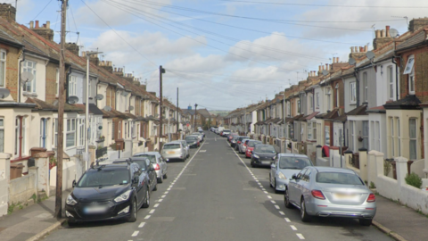 A Google Street image of Chaucer Road in Gillingham. Rows of Victorian terraced houses with cars parked either side of the road.