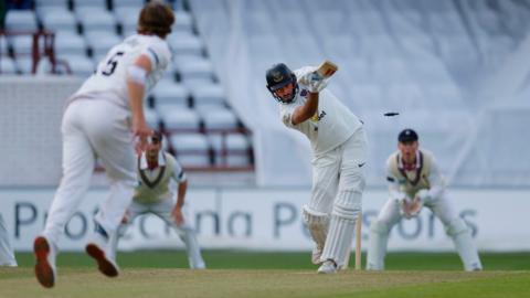 Jack Leaning of Sussex is bowled by Tom Lammonby of Somerset who celebrates.
