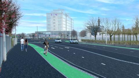An artist's impression of how the new off-road cycle scheme could look on Freetown Way. There are several cars on the road and a cyclist riding along a green-coloured cycle track.
