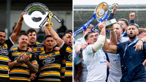 On one side of the image, York celebrate winning the Championship League Leaders' Shield while on the other, Toulouse celebrate winning the Championship Grand Final