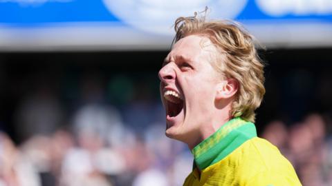 Norwich's Pelle Mattsson head shot shouting in joy at fans after goal