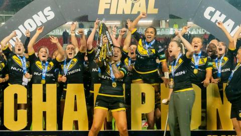 York Valkyrie lift the Women's Super League trophy after beating St Helens in the Grand Final