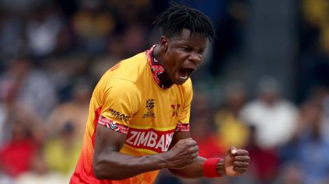 Zimbabwe fast bowler Blessing Muzarabani celebrates taking a wicket against Sri Lanka at the 2026 T20 World Cup