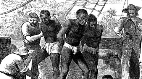 A black and white sketch of three slaves being restrained