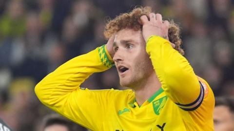Norwich striker Josh Sargent holds his head after missing a chance
