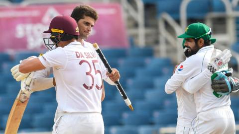Pakistan's Shaheen Afridi and West Indies' Josh Da Silva hug after the end of the Test series