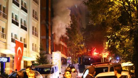 Smoke comes from HDP headquarters after attack by nationalist demonstrators in Ankara. 8 Sept 2015