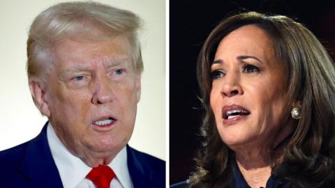 A composite image of Republican presidential nominee, former US President Donald Trump and US Vice President and 2024 Democratic presidential candidate Kamala Harris