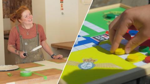 Interior designer Sophie holding a paint roller, along with a close-up of the Navy board game Uckers