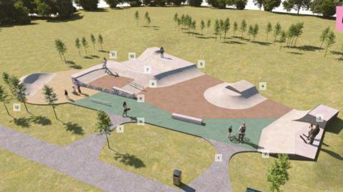 A visitation of a skatepark, showing trees dotted around a grass field. in the centre there are concrete ramps and constructed hilly areas. 