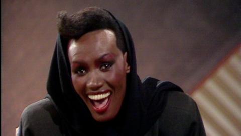 Grace Jones laughs in her Wogan interview