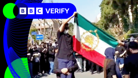 Masked protesters at a university in Tehran hold up a pre-revolution Iran flag showing a sun and a lion