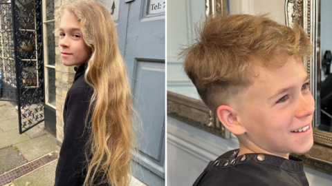 A composite image of two photographs of the same boy. In the first image, on the left, he has his back to the camera to show off his long blond hair, which reaches down his entire back. He is turning and smiling and is wearing a black top. On the right, he is in a head and shoulders image. He is smiling and his hair is cropped short.