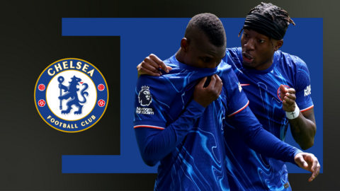 Nicolas Jackson and Noni Madueke wearing Chelsea shirts in front of a blue background with the club badge next to them