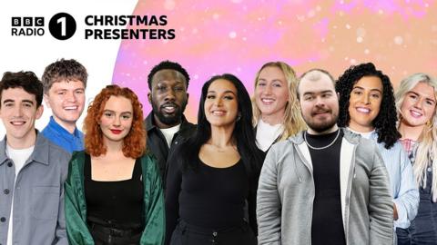 There's a BBC Radio 1 logo with the text 'CHRISTMAS PRESENTERS' in the top left, on a pink and blue background. Below the text there are cut outs of 9 of the chosen Christmas presenters, to display an array of people joining the network.