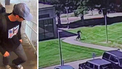 A composite of a man a black T-shirt and Converse shoes on the left, with a figure fleeing the scene on the right