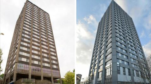 The tower before (l) and after refurbishment