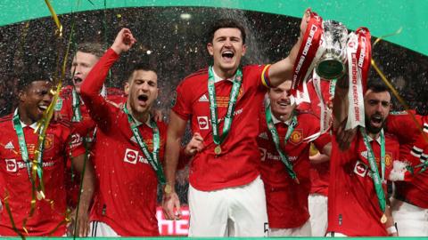 Man United celebrate winning the Carabao Cup