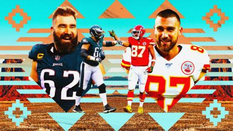 Jason and Travis Kelce with Super Bowl graphics