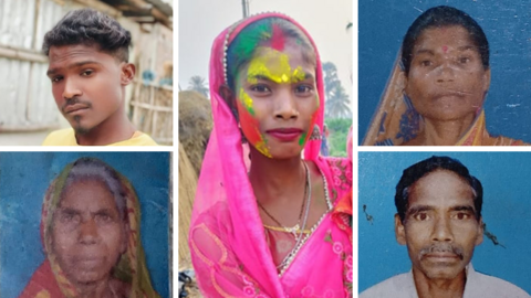 The five members of the Oraon family that were lynched in Bihar - from left to right: Manjit Oraon, his grandmother Kato Devi, his wife Rani Devi, his mother Sita Devi and father Babulal Oraon 