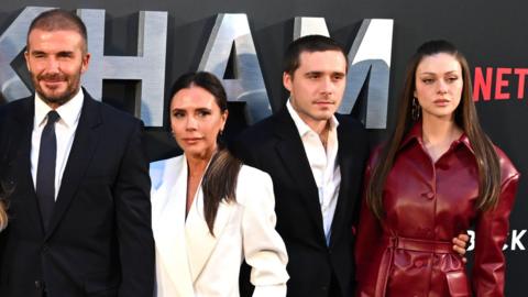 (Left to right) David Beckham, Victoria Beckham, Brooklyn Beckham and Nicola Peltz attending the Netflix UK premiere of the Beckham documentary, in London in 2023