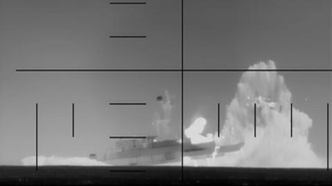 Still image of the moment a US torpedo struck an Iranian naval ship in the Indian Ocean on 04 March 2026