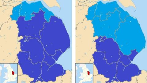 Map showing the two proposals to split the county in two. The northern half in both cases is in light blue with the southern part in dark blue.